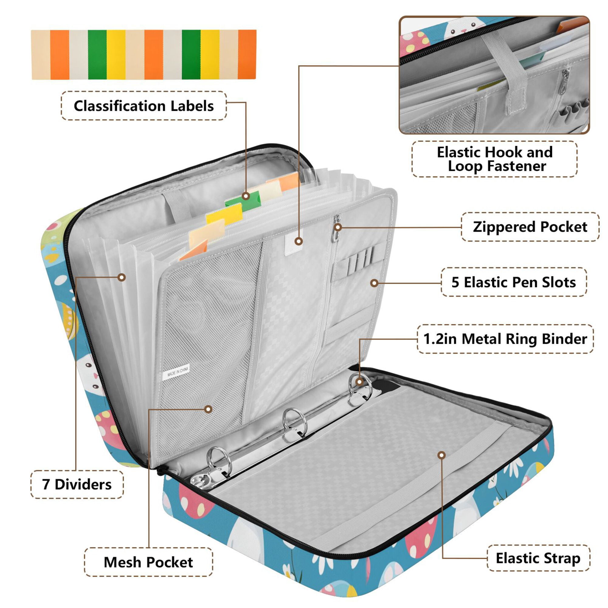 FORMRS Accordion File Folder A4 Size 7-Pocket Expanding Document Organizer Bag with 3 Ring Binder, Blue Easter Bunny