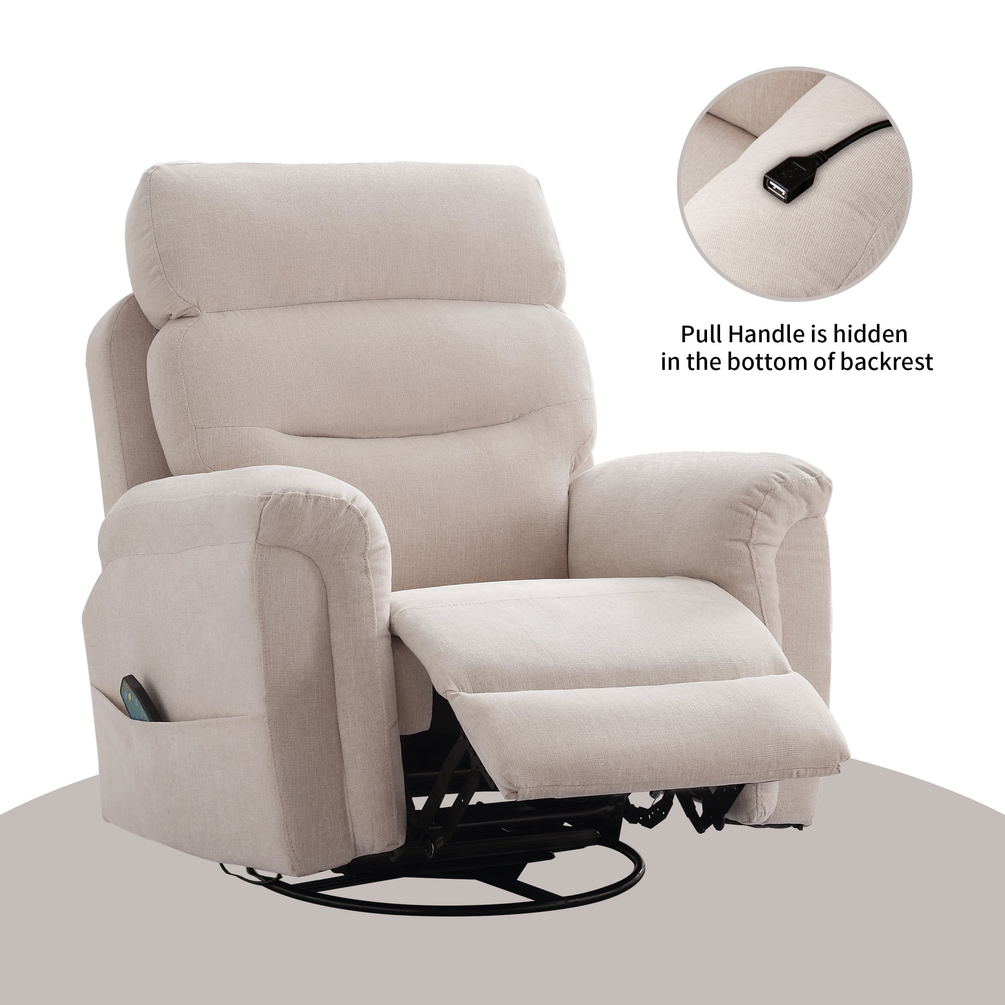 JONPONY Massage Rocker Recliner Chair with Vibration Massage and Heat for Living Room Swivel Recliner Chair with Rocking Function, Side Pocket, USB Charge Port, Beige