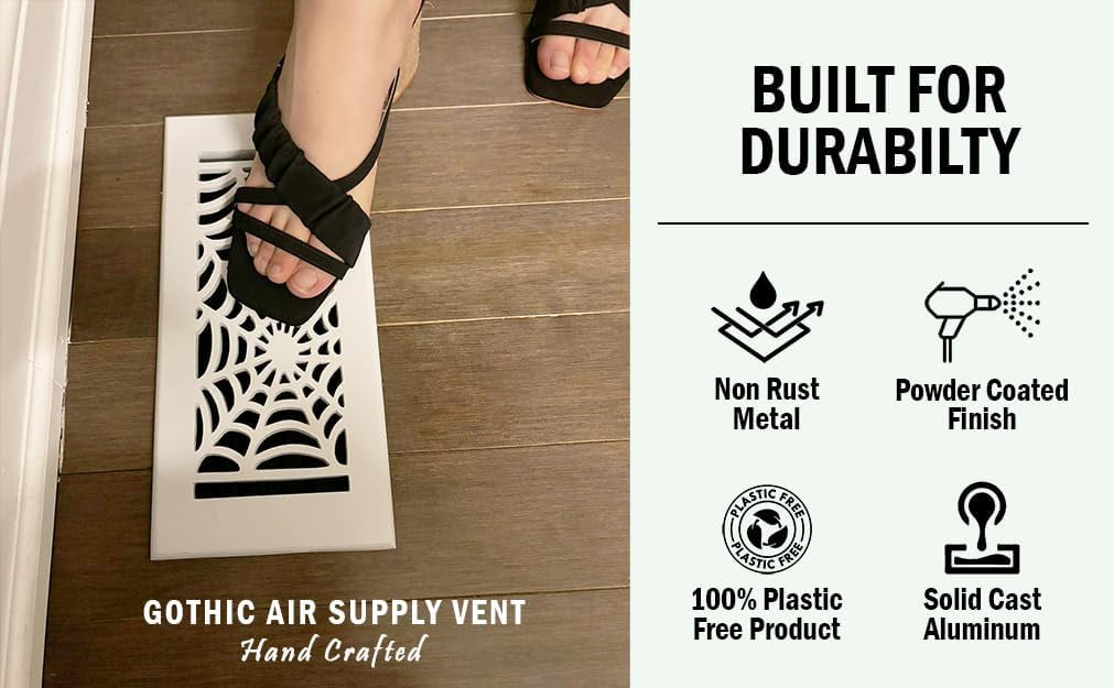 SET OF 9 Spooky Gothic Vent Cover 4"x10" Duct Opening (Overall 5-1/2"x 11-3/4") in Spider Web Solid Cast Aluminum Register Cover || Powder Coated Black with holes