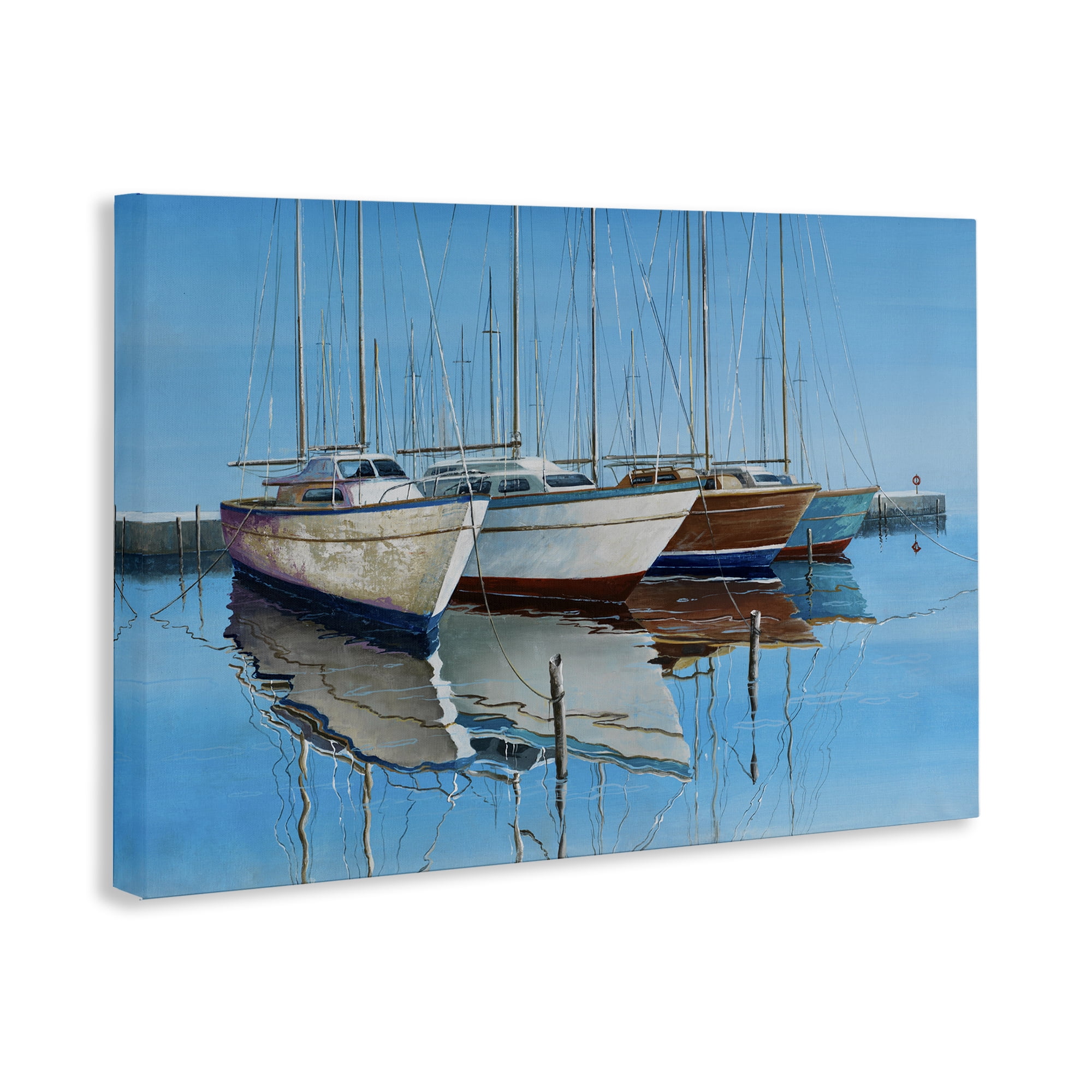 Stupell Industries Four Docked Boats Reflection Transportation Painting Wrapped Canvas Art Print Wall Art, 45 x 30