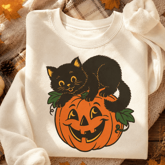 Halloween Shirt, Black Cat Pumpkin Sweatshirt, Vintage Jack O Lantern Hoodie, Spooky Cat Graphic Tee, Cute Fall Halloween Gift For Her