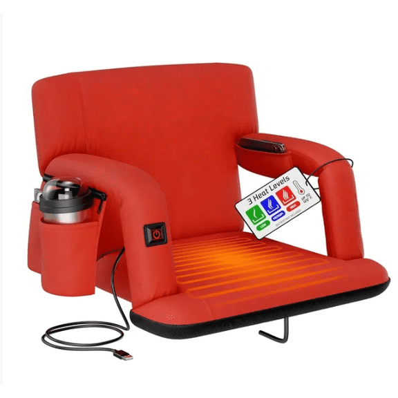 6 Reclining Positions Waterproof 600D Portable Outdoor Chair with Pockets and Carry StrapsRed Heated Reclining Stadium Seat for Bleachers with Back Support
