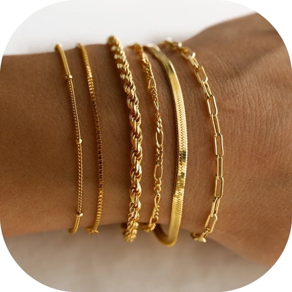 GOSFRY 6PCS Bracelets for Women 14K Gold Plated Trendy Dainty Layered Stacking Jewelry Set Gifts