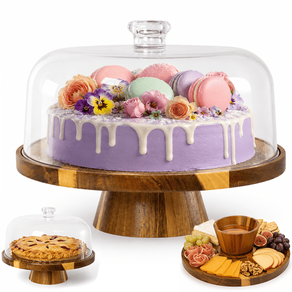 2 in 1 Acacia Wood Cake Stand with Lid, Multi-Functional Cake Display Stand, Flips to Charcuterie Board & Chips Dip Tray, for Weddings, Parties, Kitchen Decor