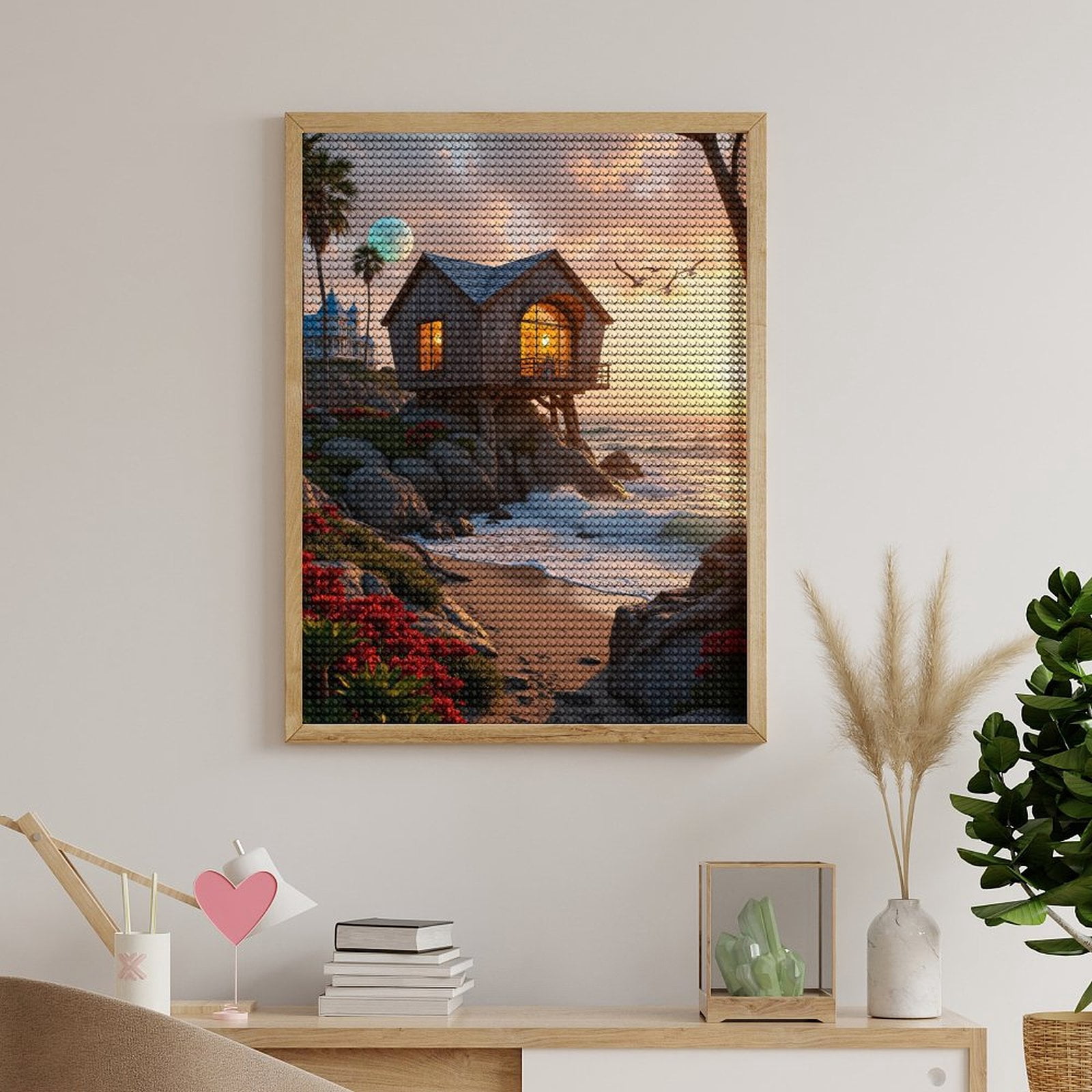 Diamond Art Kits for Adults, Coastal Cabin Sunset Ocean Moon 5D Diamond Painting Kits for Adults Beginners, DIY Full Drill Diamond Painting, Gem Art and Crafts 12x16