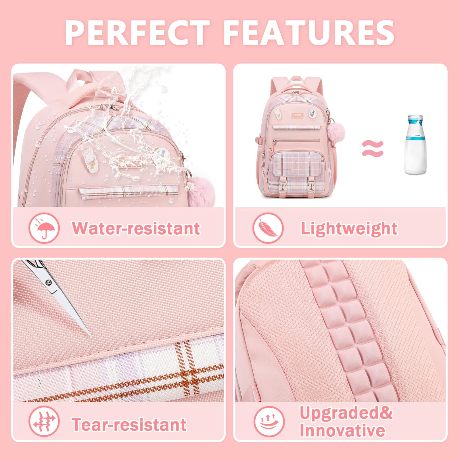 Soda Candy Girls Backpacks for School Kawaii Large Bookbag with Multiple Compartments Lightweight Casual Daypack for Teen Girls Primary Elementary Middle School College, Age 6-14, Pink
