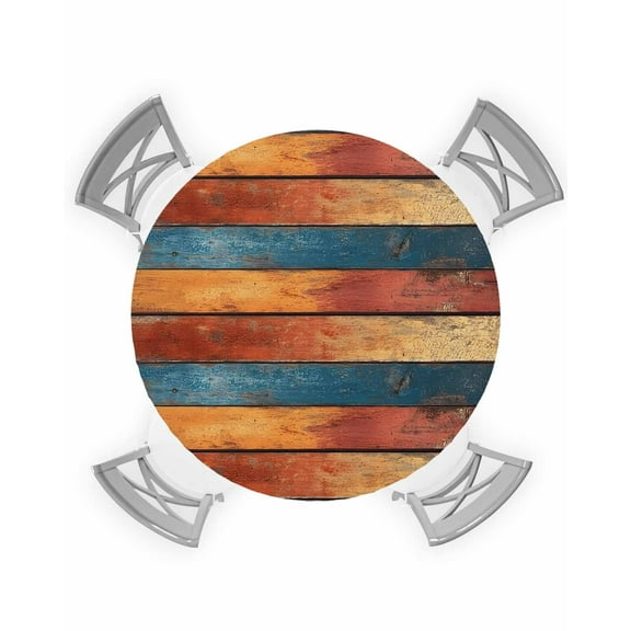 nqOlkjepod Farmhouse Orange Blue Yellow Round Tablecloth, Fitted Table Cover with Elastic for 36"-44" Round Tables, Vintage Wood Country Table Cloth Outdoor Dinning Party Waterproof Tablecloths