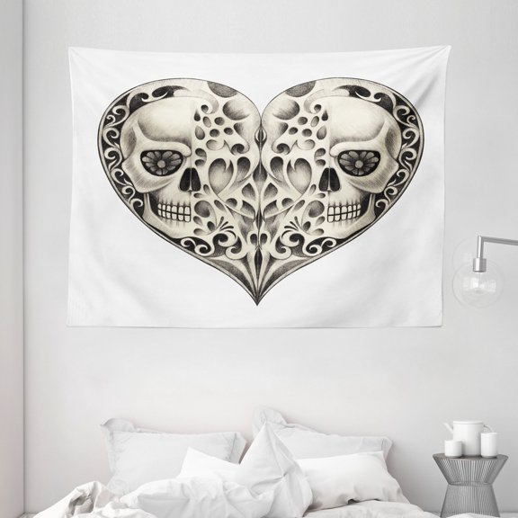 Day Of The Dead Decor Tapestry, Twin Half Fire Design in Hearts Festive Spanish Image Print, Wall Hanging for Bedroom Living Room Dorm Decor, 80W X 60L Inches, Cream and Black, by Ambesonne
