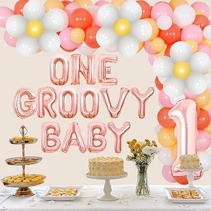 Daisy One Groovy Baby Balloon Garland Arch Kit for Girls 1st Birthday Party Decorations Retro Hippie Boho Rose Gold Pink White Balloon Party Decorations for Daisy Flower Birthday Party