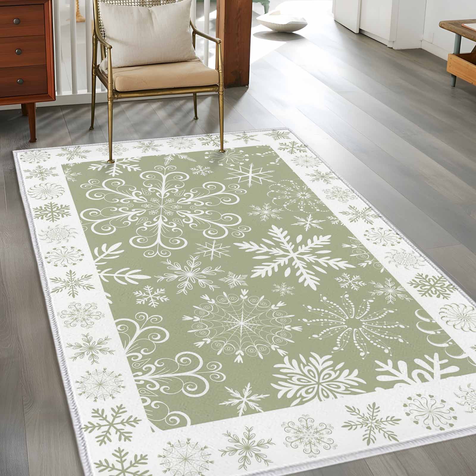Christmas Snowflakes Area Rug 3x5 Washable Rug Non Slip Green Xmas Winter Vintage Large Area Rug Indoor Floor Carpet for Entryway Bedroom Kitchen Living Room Home Office Dining Room Nursery