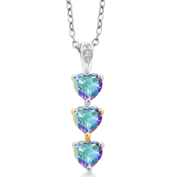 Gem Stone King Keren Hanan Lab Grown Diamond 3 Stone Heart Shape Pendant Necklace with Chain 1.69 Ct Mercury Mist Mystic Topaz 925 Silver and 10K Yellow Gold