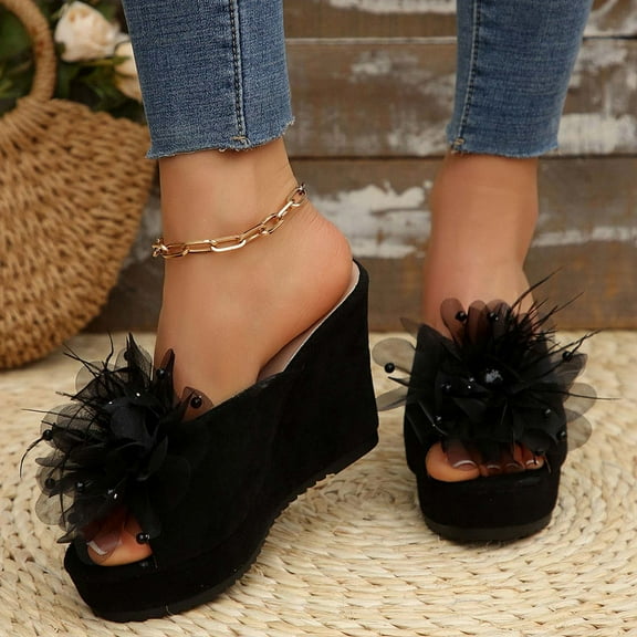 Womans Sandals Wedge Thick Heel Open Toe Slip-on Square Toe Slides Slippers Comfortable Walking Beach Sandals for Women Dressy Summer 6