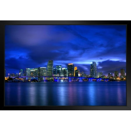 Miami Florida Skyline Illuminated at Night Reflecting on Watefront Photo Photograph White Wood Framed Poster 20x14