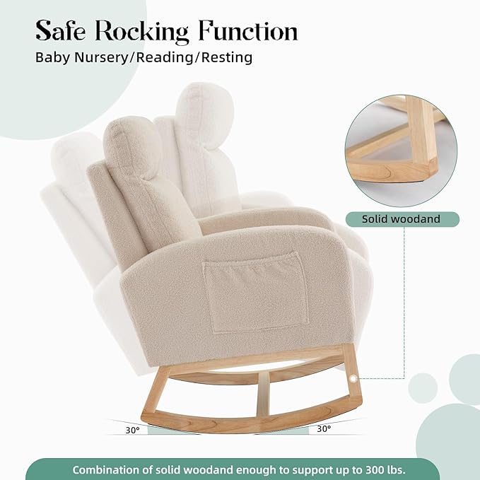 Leather Glider Chair, Modern Rocking Chair, Nursery Faux Leather Glider Chair with Rubber Wood Legs and Side Pocket, Rocking Accent Armchair for Living Room, Bedroom, Beige