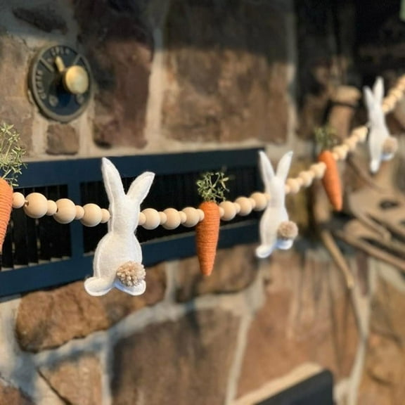 Easter Bunny Carrot Garland,Artificial Rabbit Carrot Front Door Wreath Wooden Beads Rabbit Hanging Banners Spring Ornaments for Home (23in)