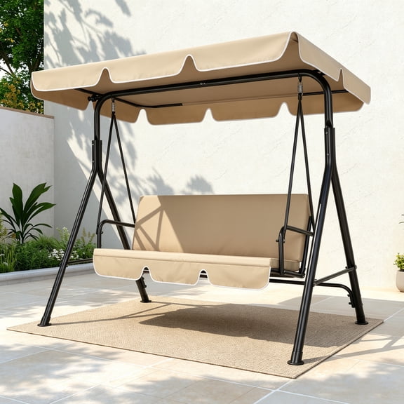VIVOHOME 3-Seat Swing Glider Chair with Removable Cushion & Canopy, Steel Frame Stand, Beige