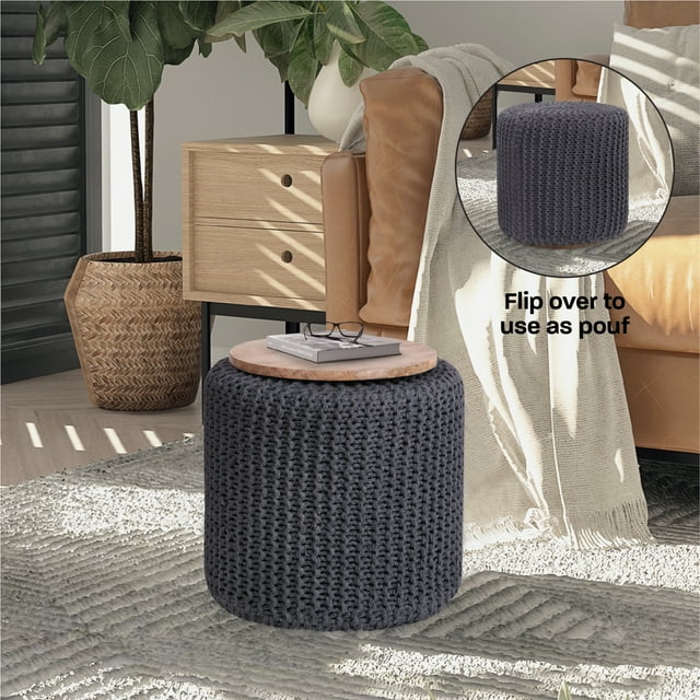 Loft Lyfe Ezio Coton Filé 3-en-1 Pouf/pouf/table de Bout, Gris Foncé