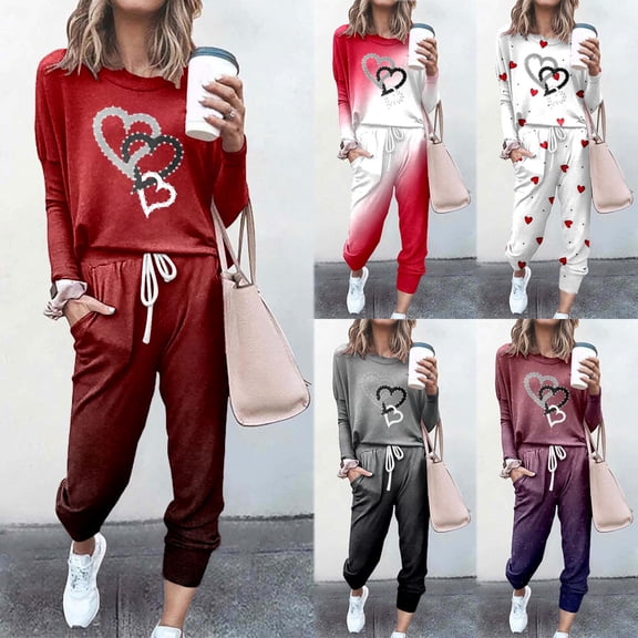 YAYUBA Women Fall 2 Piece Lounge Outfit Long Sleeve Valentine's Day Pjs Heart Print