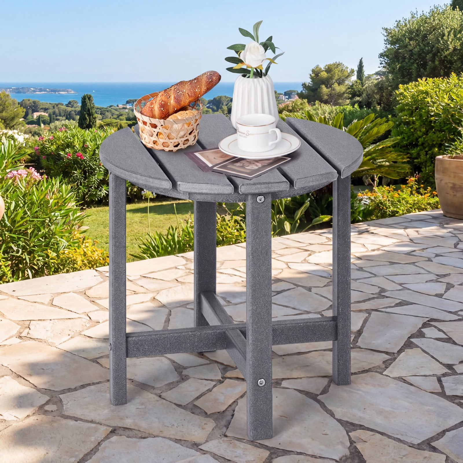 Furnibear 18 Inch Round Weather Resistant Adirondack Outdoor Side Table with Slatted Top for Patio Deck and Garden Seating, Gray