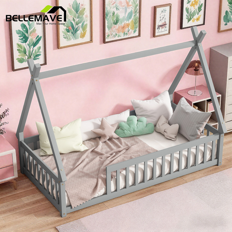 Bellemave Twin Size Floor Bed, Teepee Tent Bed Beds, Twin Montessori Floor Bed with Guardrails, Wood House Bed with Slats, Grey