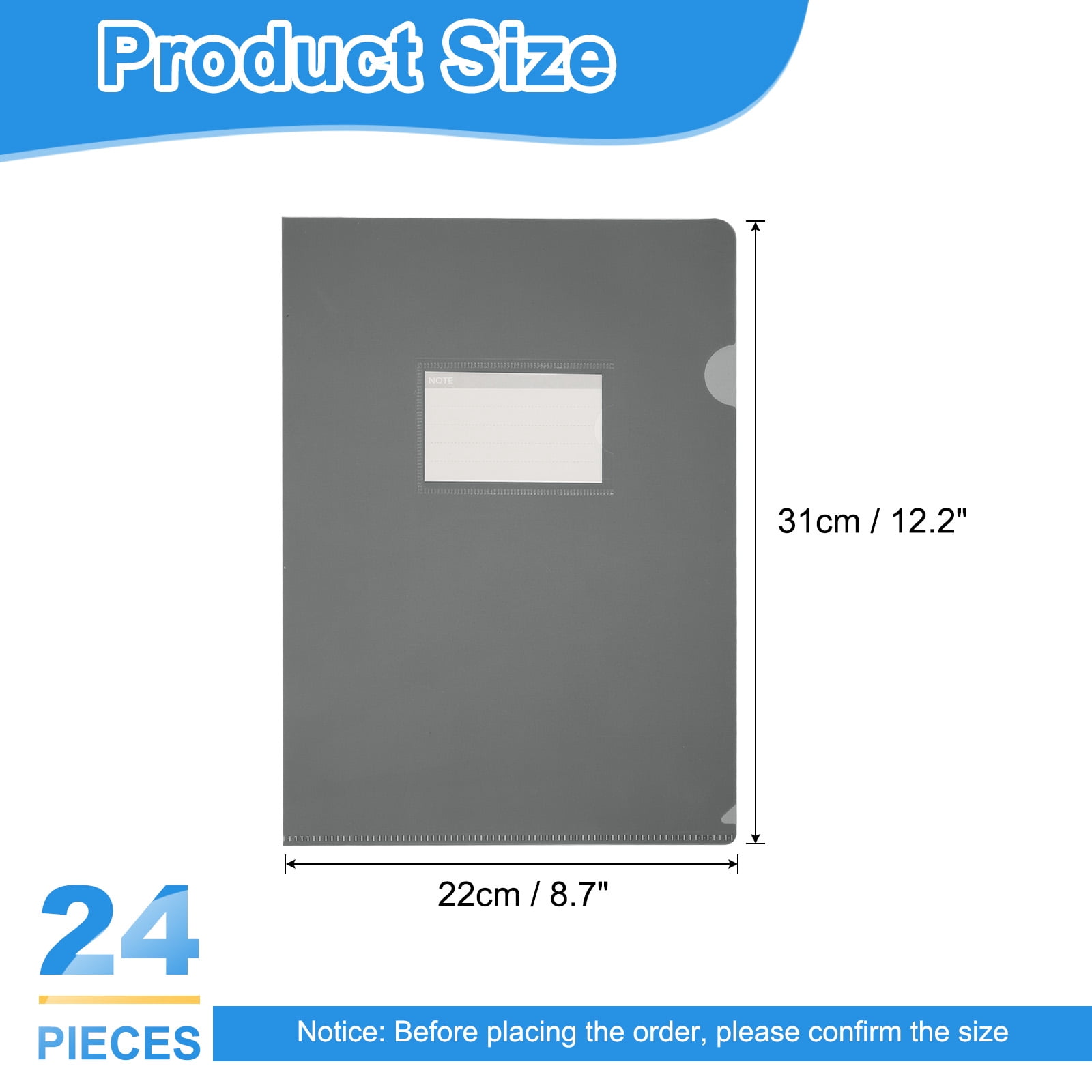 Uxcell 24 Pack L-Type Plastic Folders, Letter Size Clear Folders for Documents with Pocket, Dark Gray