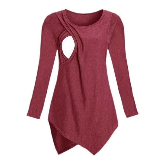 Blouse à Manches Longues pour Grossesse et Allaitement, Haut de Maternité Côtelé à Manches Longues avec Cordon Latéral, Blouse à Col Rond à Manches Longues
