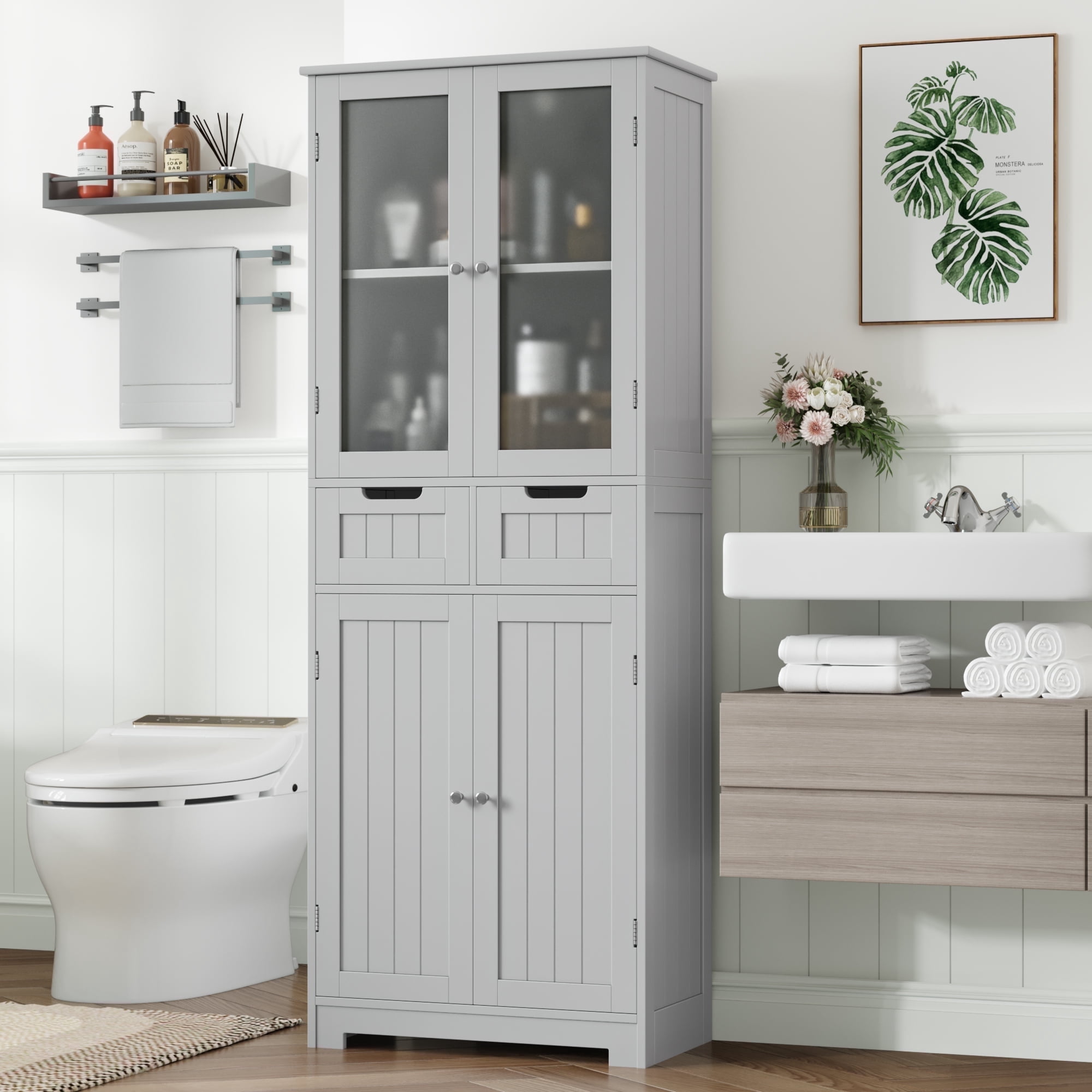 Homfa 4 Doors Bathroom Cabinet, 3-Tier Wood Tall Linen Storage Cabinet with 2 Drawers for Living Room, Gray