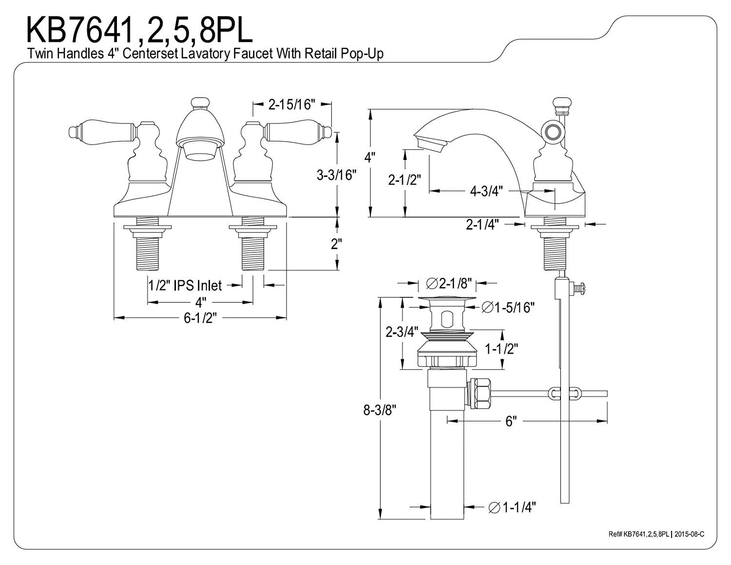 Kingston Brass KB7648PL 4 in. Centerset Bathroom Faucet, Brushed Nickel