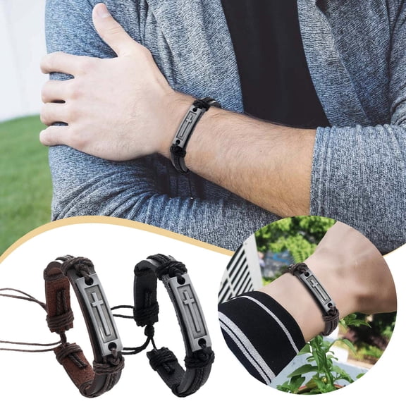 Set of 2 Leather Cross Bracelet for Teens or Men, Cool Christian Gift Ideas for Young Teenagers for Confirmation and Baptism