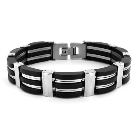 West Coast Jewelry Crucible Polished Stainless Steel and Black Rubber Link Bracelet