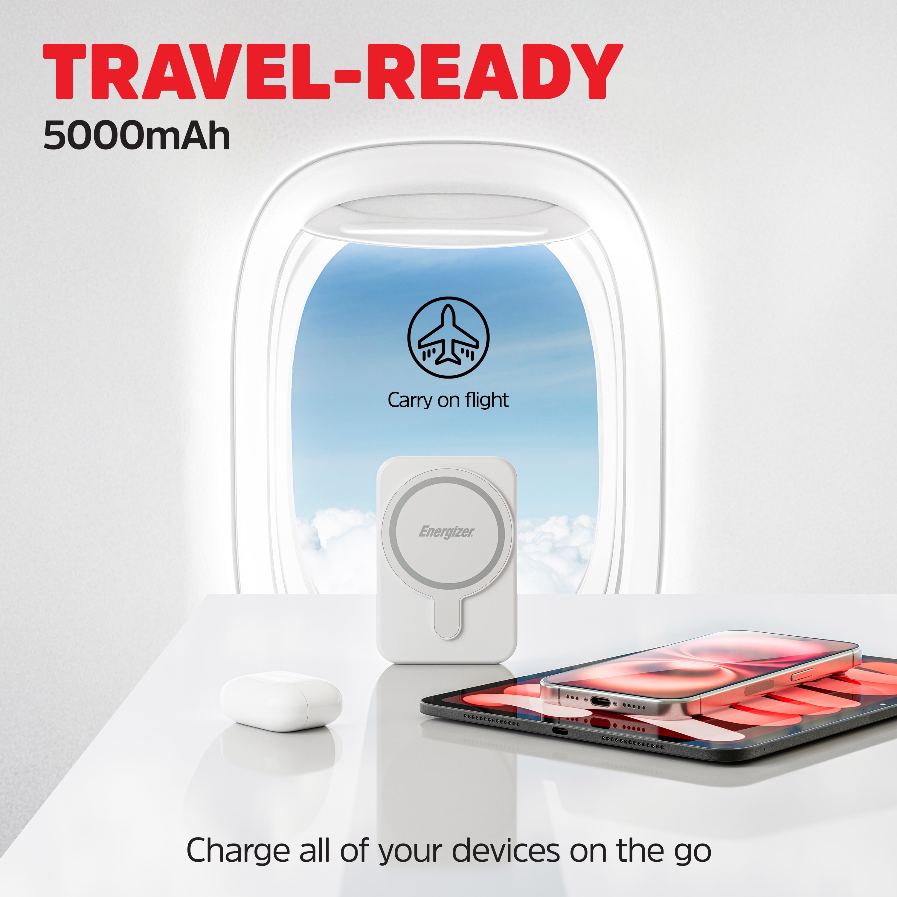 Energizer Magnetic Wireless Power Bank 5,000mAh, MagSafe Compatible, Qi Wireless & USB-C Charging​ White