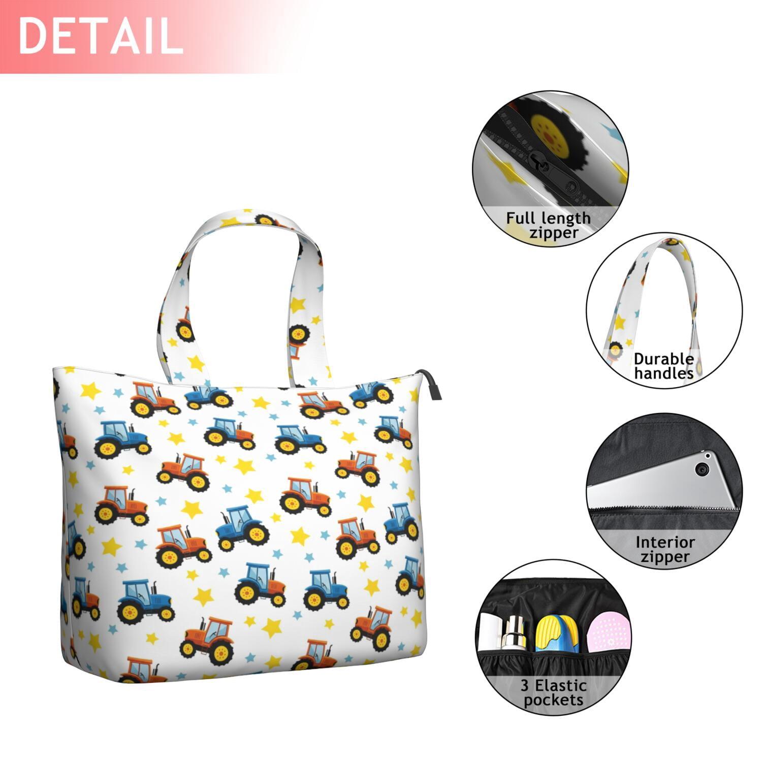 Cartoon Tractors Stars White Pattern Travel Tote Bags for Women Carry On,Large Weekender Bags for Women Travel,Multi Functional Duffle Bag for Work,Shopping,Sports
