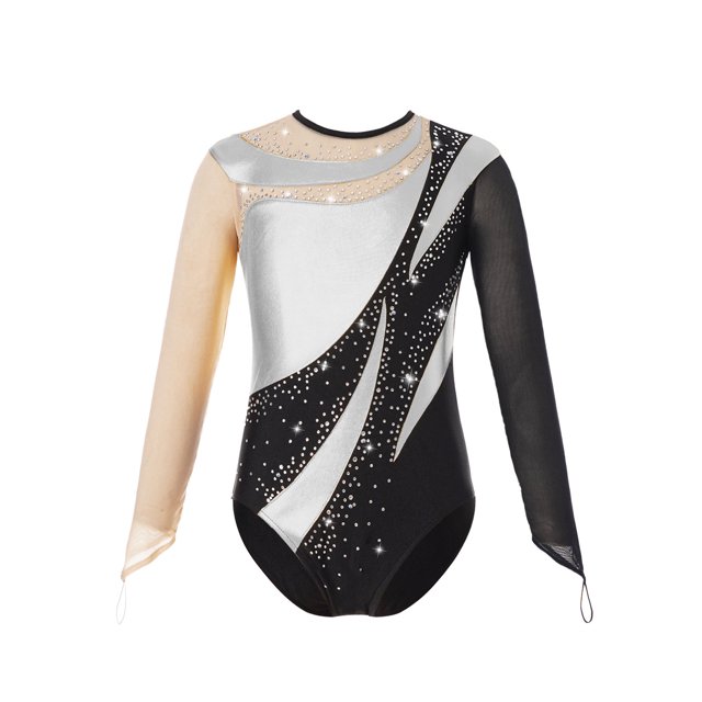 Moggemol Kids Girls Gymnastic Leotard Long Sleeve Metallic Rhinestone Dance Skating Unitard Bodysuit Silver 12