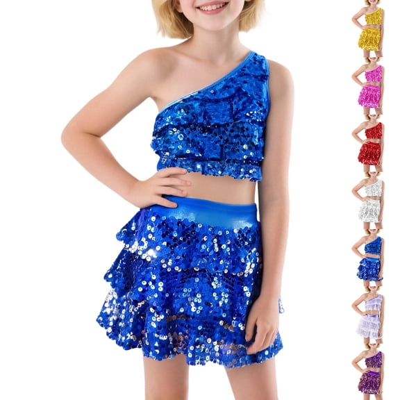 Girls' Off Shoulder Crop Top and Skirt Set Sequin Dance Girls Dress up Clothes Halloween Kids 10-11 Years