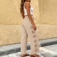 thumbnail image 3 of Lmueinov 100% Cotton Summer Pants for Women High Waist Drawstring Wide Leg Cutout Trousers Loose Solid Breathable Flowy Lounge Pants for Vacation Work Everyday Wear, 3 of 5