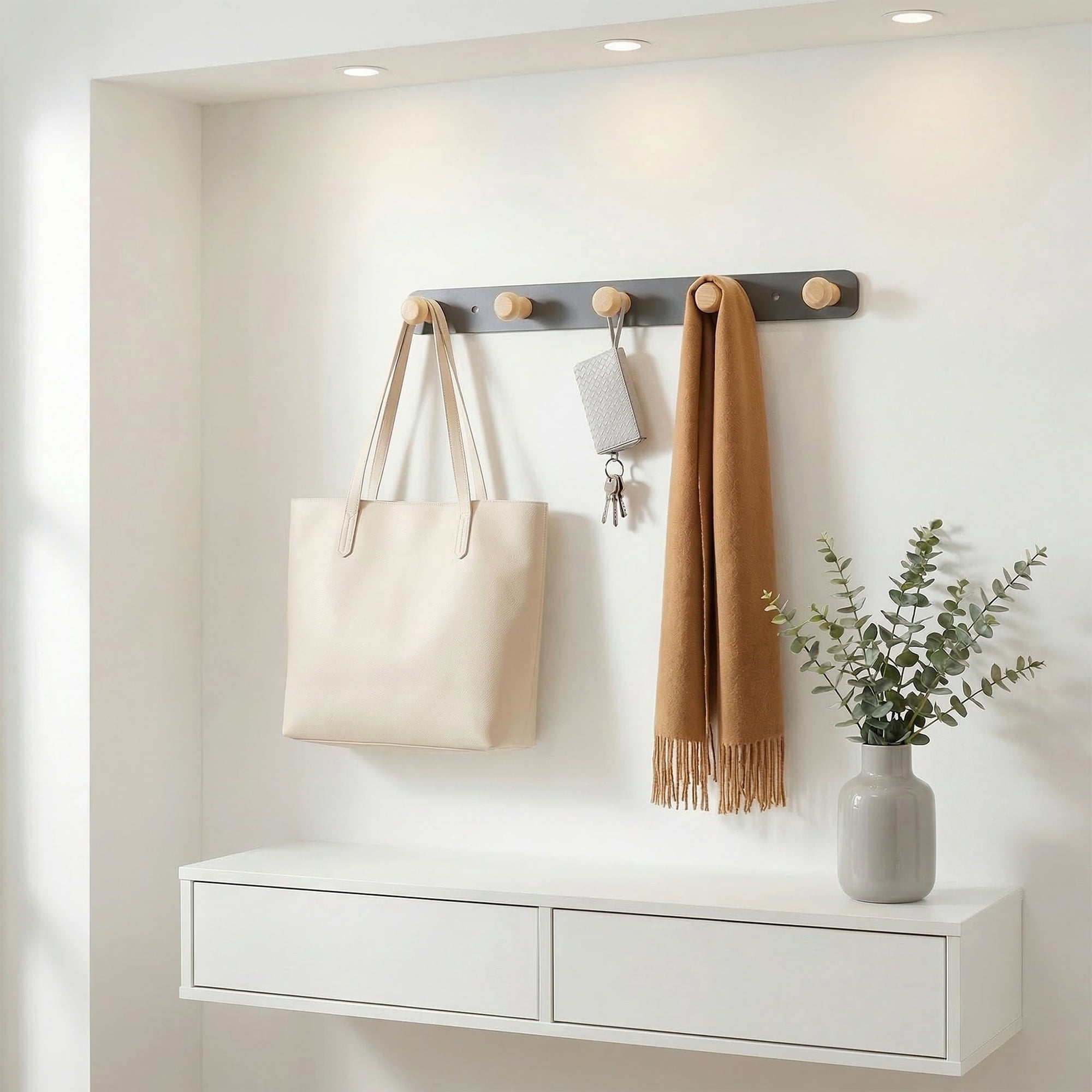 Unique Bargains Coat Rack Wall Mount Aluminum Alloy Wood Hook Hat Rack Gray 14.2"x1.3"