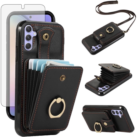 Phone Case for Samsung Galaxy A15 5G/4G Wallet Cell Cover with Screen Protector and Crossbody Strap Ring Stand RFID Credit Slot ID Card Holder Kickstand Leather A 15 15A Women Girls Black