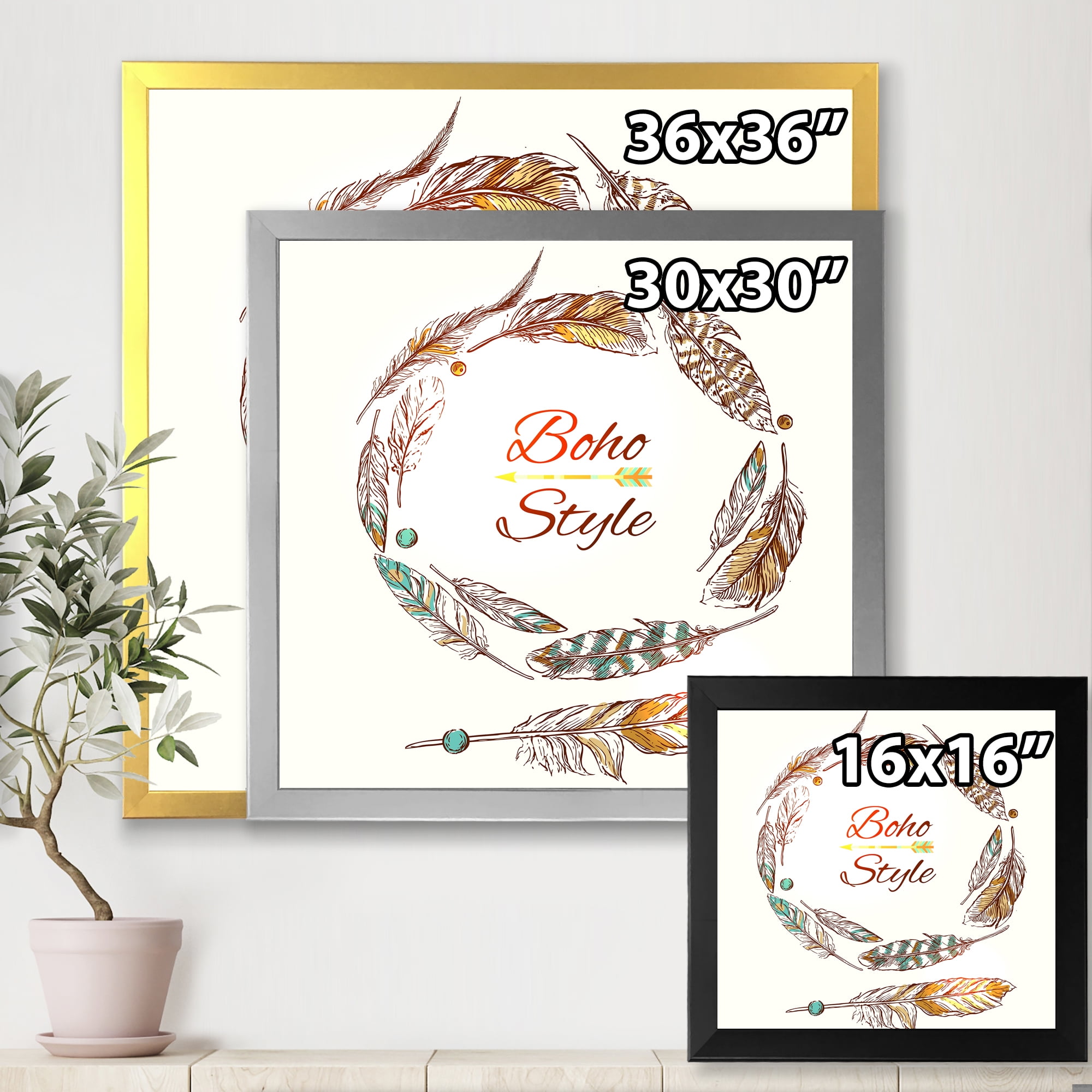 Designart 'Wreath Of Ethnic Beige Boho Feather' Bohemian & Eclectic Framed Art Print