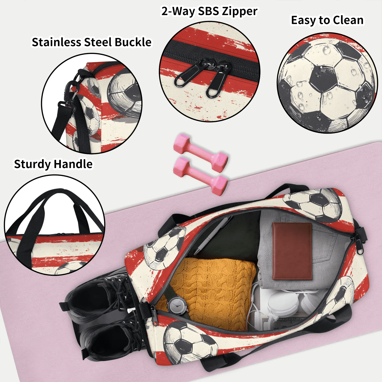 Travel Duffel Bag for Sports Gear, Weekender Carry-On Bag with Shoe Compartment, 17.72x9.06x8.46 Inches, Soccer Ball Print
