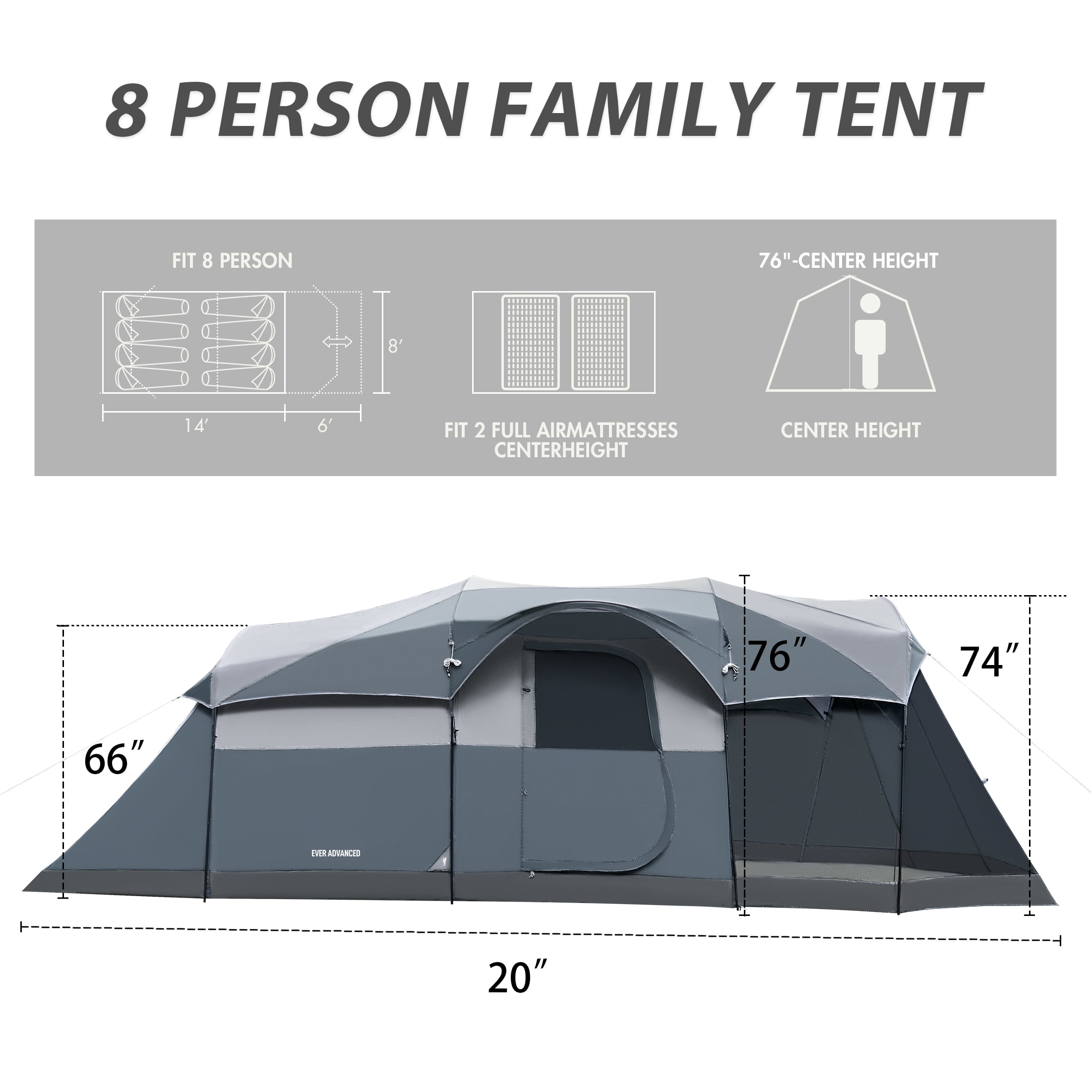 EVER ADVANCED 8 Person Family Camping Tent with Screen Porch, Portable Cabin Tent with Rainfly, Gray