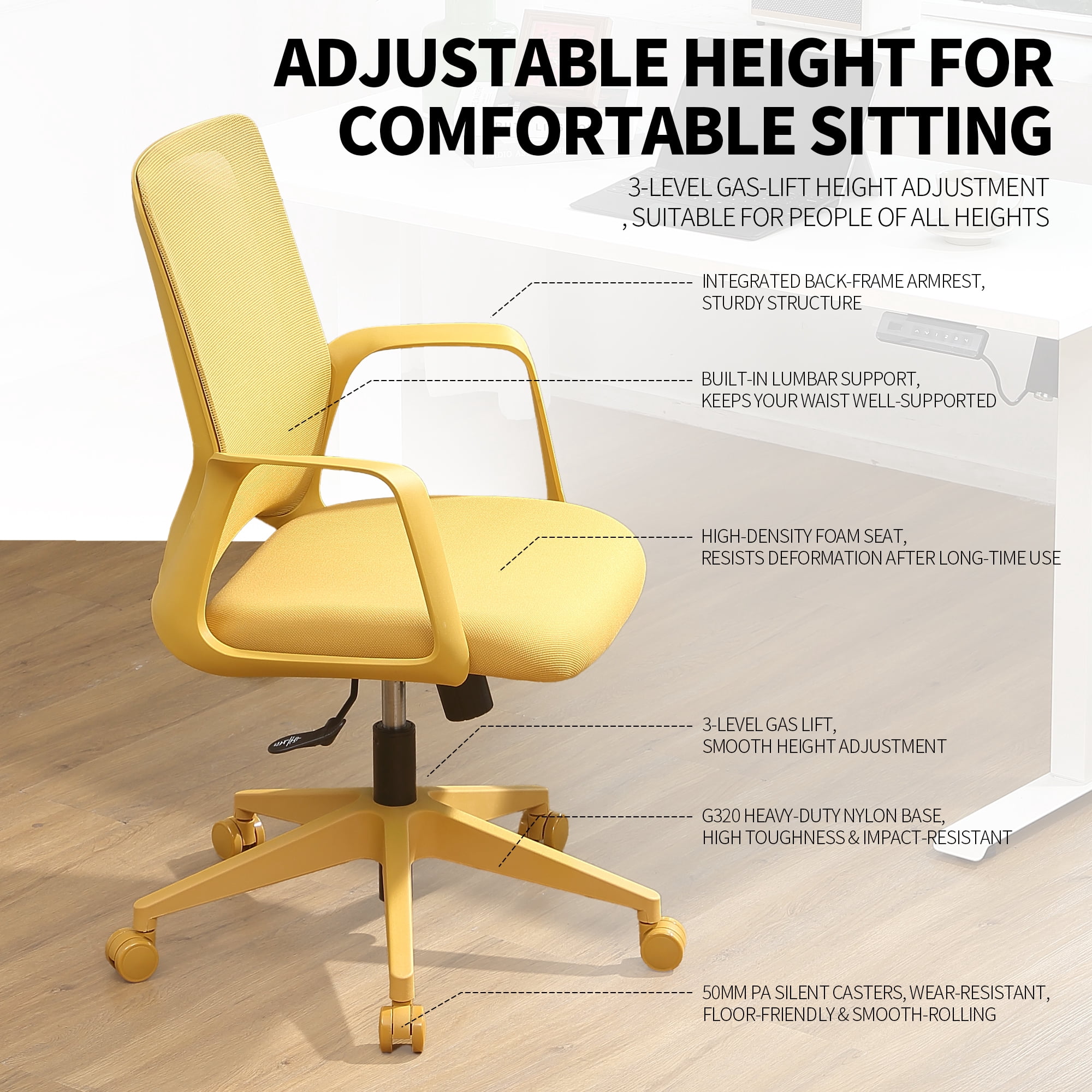 Homy Casa Mesh Desk Chair, Mid Back Adjustable Office Task Chair with Integrated Armrests, Yellow