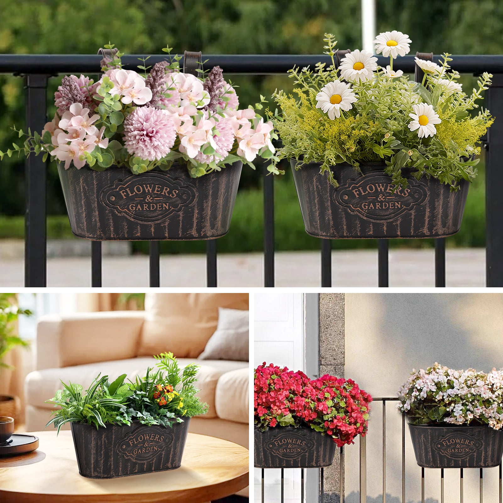 Keyohome 3Pcs Hanging Flower Pots,Metal Wall Planter,Iron Bucket Planter with Detachable Hooks for Indoor Outdoor,Drainage,Rustproof,Black,10.6"
