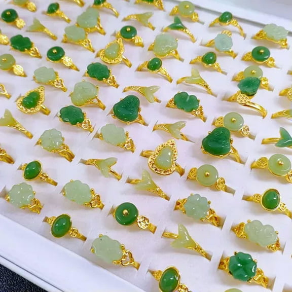 HOOUN 50pcs Imitation Jade Glass Rings Wholesale Mixed Jewelry Gifts Band Women Ring-Gold