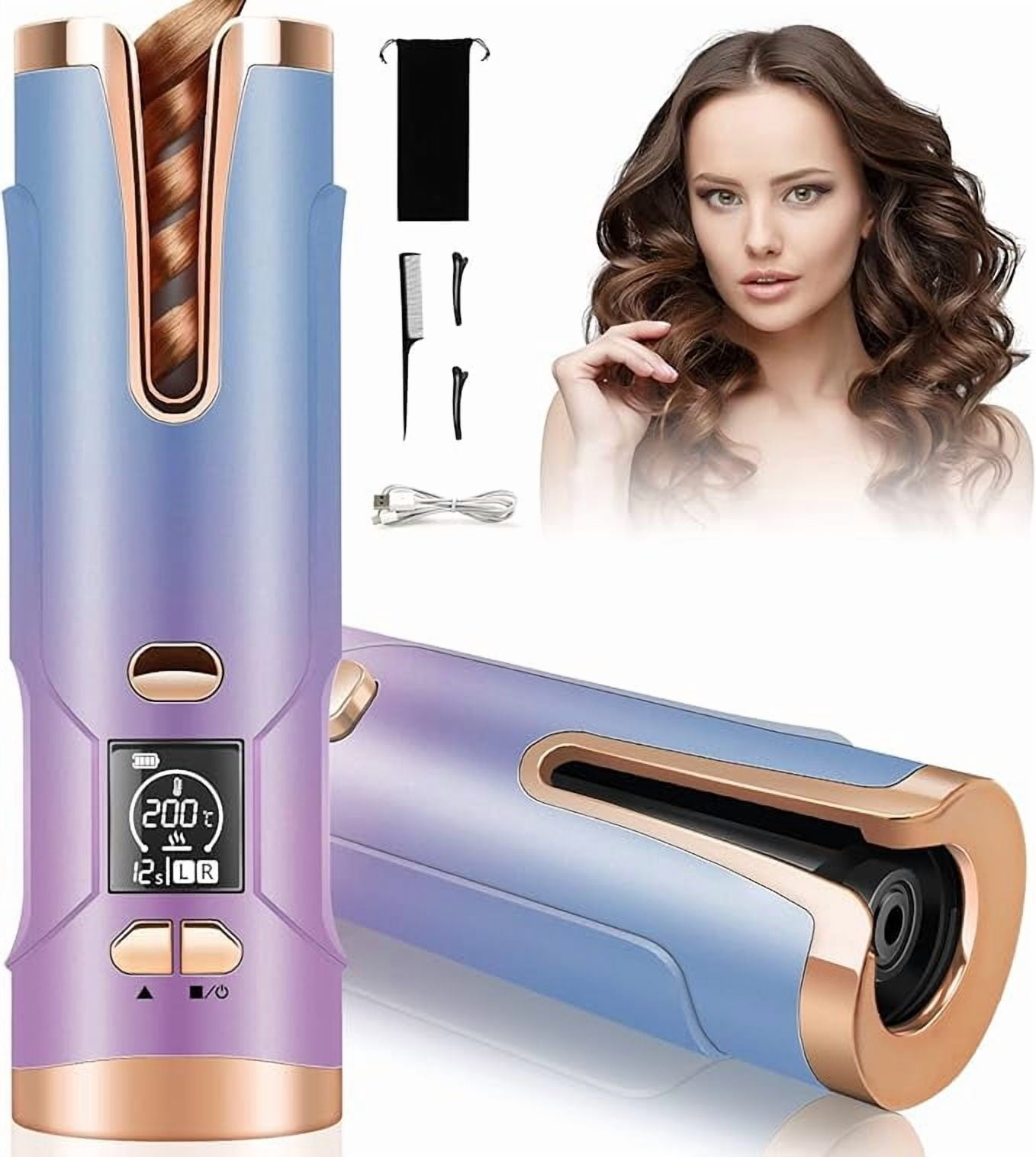 RKXQT Automatic Curling Iron,Cordless Auto Hair Curler, Rotating Curling Iron with 5200 mAh Battery, Adjustable Temperatures & Timers Hair Crimper for Women. (Multicolored)