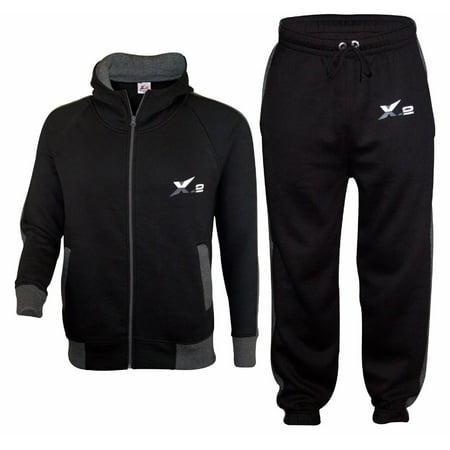X-2 Mens Athletic Full Zip Fleece Tracksuit Jogging Sweatsuit Activewear Top Black Small