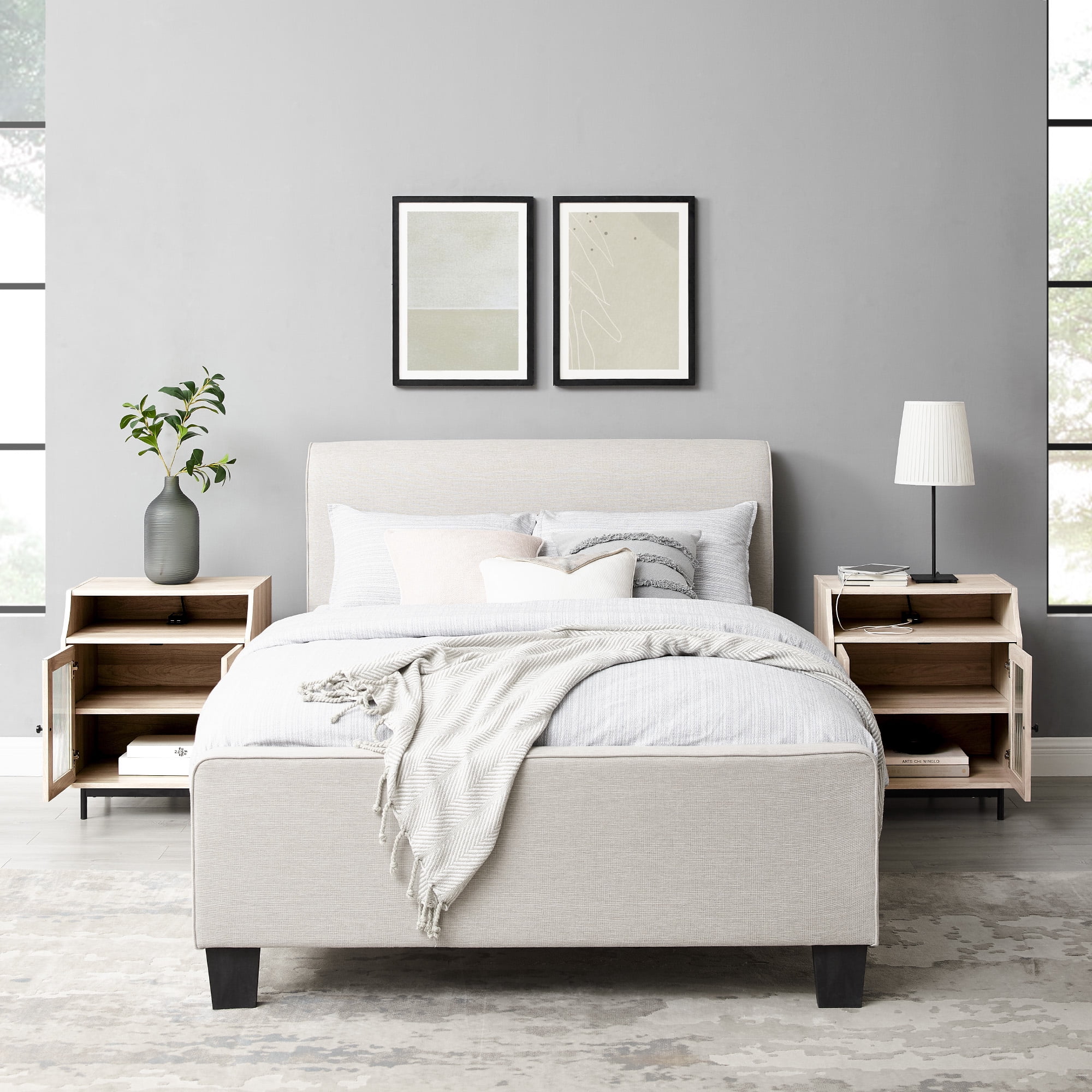Walker Edison Modern 2 Door USB Port Nightstand, Set of 2, Birch