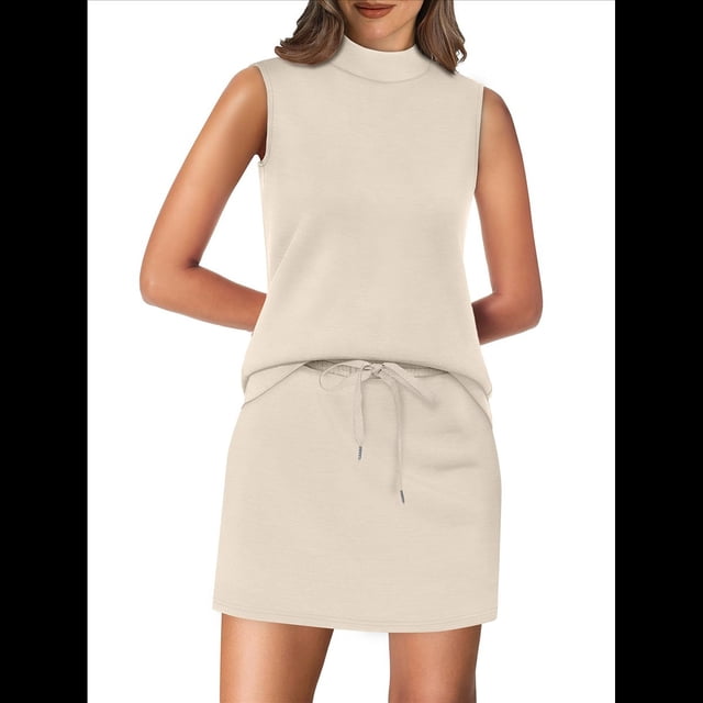 Conjuntos de Falda de 2 Piezas para Mujer, Conjuntos de Verano para Vacaciones en la Playa, Blusas de Cuello Alto, Falda de Tenis, Conjuntos de Estar por Casa. Beige Oscuro XL