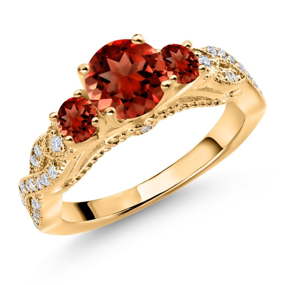 Gem Stone King 18K Yellow Gold Plated Silver Red Garnet and White Moissanite Engagement Ring for Women (1.57 Cttw, Gemstone January Birthstone, Round 6MM and 3MM, Size 8)