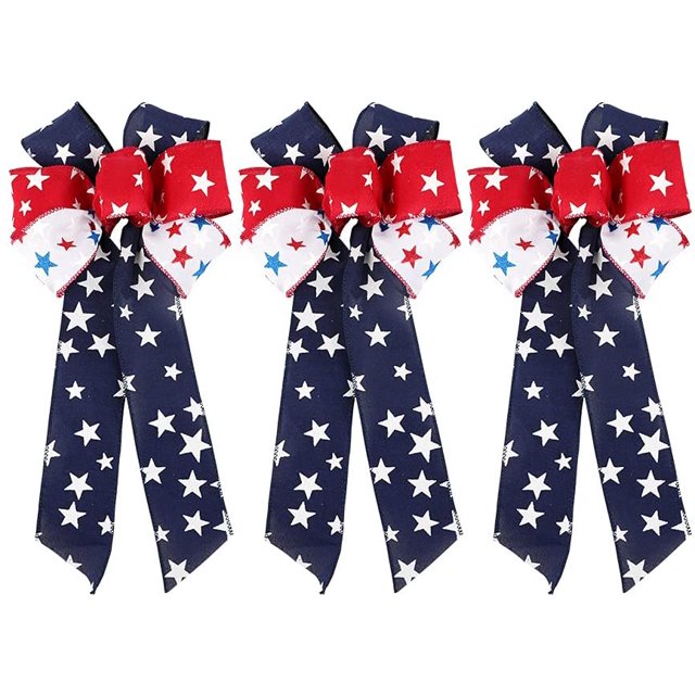 Nœuds Patriotiques Rouges et Bleus pour la Fête de l'Indépendance 3 Paquets 10x16 Pouces Étoiles du Drapeau Américain du 4 Juillet pour Couronnes Intérieures et Extérieures Décorations d'Arc (Noeuds Patriotiques-1)