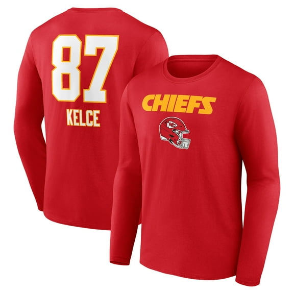 Men's Travis Kelce Red Kansas City Chiefs Team Wordmark Player Name & Number Long Sleeve T-Shirt